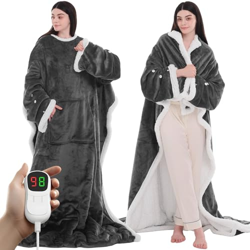 PLOATH Manta calefactable eléctrica portátil - Manta eléctrica con 10 Niveles de Calor - Manta con Capucha calentada con Bolsillos para los pies y Mangas con Capucha Regalo para Mujeres, Gris Oscuro