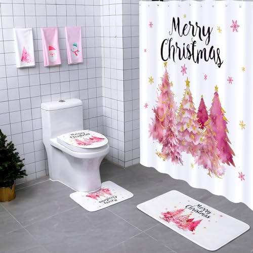 Newwiee Juego de 7 cortinas de ducha de Feliz Navidad, árbol de Navidad, copo de nieve, decoración navideña, árbol de Navidad, cortina de baño, toallas, tapete de inodoro, accesorios de baño