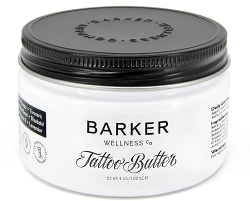 Barker Wellness Tattoo Butter for New & Old Ink – Natural Aftercare Balm with Shea Butter, Turmeric & Lavender – Vegan & Cruelty-Free Tattoo Moisturizer for Vibrant, Healthy Skin – 4oz.
