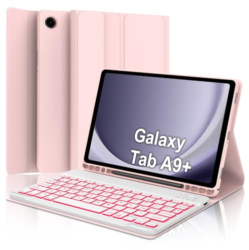 Cover Tastiera per Samsung Galaxy Tab A9+/A9 Plus 11 2023 X210/X216/X218 | Keyboard 7 Colori Illuminato Magnetico Staccabile, Italiano QWERTY, Custodia Tastiera Bluetooth con Portapenna, Rosa chiaro