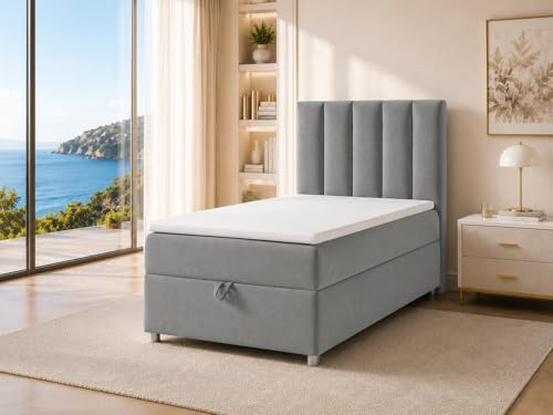 Best For Home Trinity K10 Boxspringbett 100x200 | Stauraum mit Topper | Einzelbett mit Bonell Federkernmatratze H3, Hoher Schlafkomfort, Gepolstertes Kopfteil, Modernes Bett Design und Bettkasten
