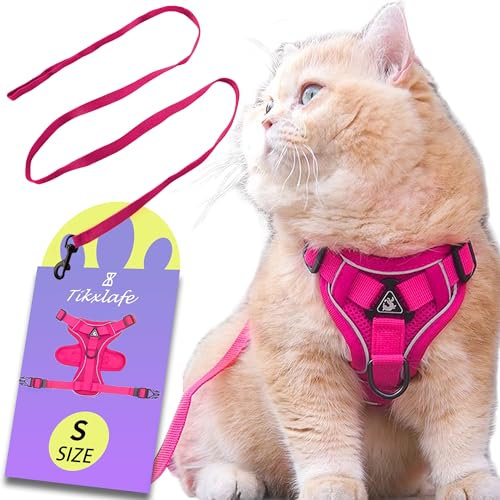 Tikxlafe Katzengeschirr mit Leine, 150 cm, Katzenleine mit Geschirr, Polyester, verstellbares Katzenleinen-Set, ausbruchsicher für Kätzchen (Rosa, S)