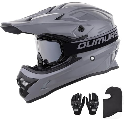 OUMURS Adult ATV Dirt Bike Helmet with Goggles Gloves & Mask Adjustable Sun Visor Motorcycle Adult Helmet Off-Road Motocross Downhill Moped MX for Unisex-Adult-Gray, XXL