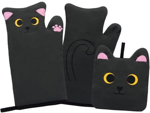 NIGOWAYS Ofenhandschuhe, niedliches Katzen-Design, gestepptes Baumwollfutter, hitzebeständige Ofenhandschuhe und Topflappen, Sets zum Backen, Mikrowelle, niedliche Handschuhe, Geschenk für Mutter