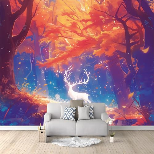 Papier Peint Intissé Cerf animal de la forêt d'érable rouge Déco Murale Maison Chambre Salon, Photo Murale Décorative - Pour Jeunesse Enfants 400 x 280 cm