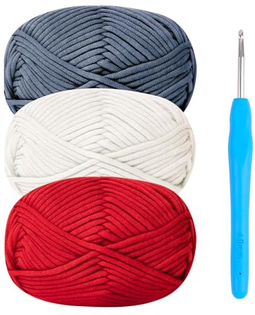 Hilo grueso para ganchillo, lana gruesa de algodón para ganchillo, 3 x 50 g, hilo de ganchillo para principiantes, amigurumi con gancho de 4 mm, kit de inicio fácil, hilo azul