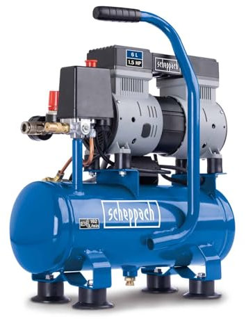 Scheppach HC08Si Compresseur ultra silencieux | 8bar | Cuve de 6L | 1,5CV / 1100W | Sans huile & entretien réduit | Débit d'aspiration 162 L/min | Compresseur silencieux