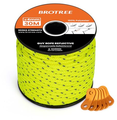 Brotree Campingrep 4mm 30m Reflekterande Tältspännlinor Vindtät Tält Guide Rep med 6 St Aluminiumspännare för Camping Tent Markis Gazebo (Neongul)
