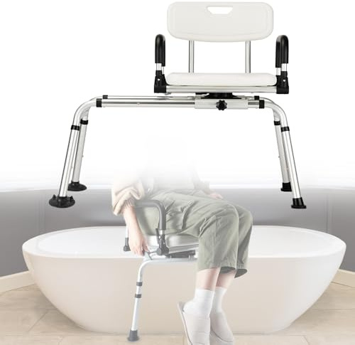 Silla de ducha deslizante con asiento giratorio, bancos de transferencia de bañera para discapacitados, capacidad de peso de hasta 350 libras, altura ajustable: 14 ~ 19 pulgadas