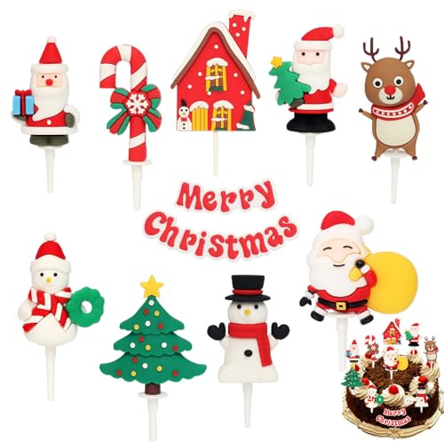 iwiio Christmas Cake Decorations - 10Pcs Toppers Santa, Snowman, Elk, Tree, Snowflake for Cake Decorations, Party Supplies