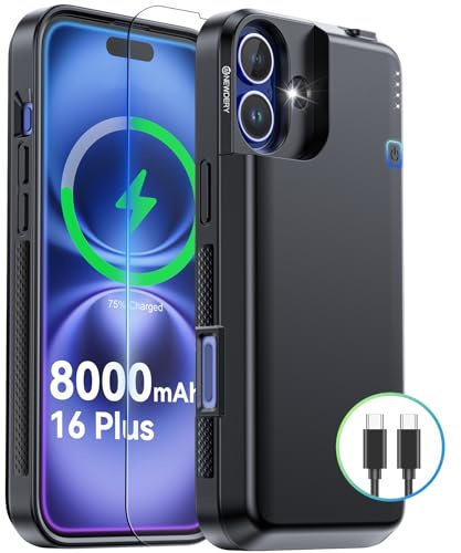 NEWDERY Upgraded Akkugehäuse für iPhone 16 Plus, 8000 mAh USB C tragbare Powerbank, CarPlay, Sync-Daten Werden unterstützt, wiederaufladbares Ladegehäuse für iPhone 16 Plus 6,7 Zoll, Schwarz