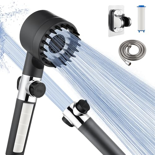 Drivse Iondrops Duschkopf mit Filtern für hartes Wasser, Handbrause mit Ausschalter, abnehmbarer gefilterter Duschkopf mit Schlauch für Wohnmobil, Grau (Gun Grey)