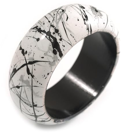 Avalaya Round Wooden Bangle Bracelet with Abstract Motif Painted in White/Metallic Silver/Black Colours - Medium Size
