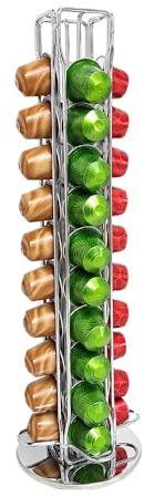 PROMOTEUP Porta Capsule Caffe per 40 Pezzi Portacapsule Verticale Supporti per Capsule Cialde Girevoli a 360 Gradi in Acciaio Inossidabile 12x12x38cm (Argento)