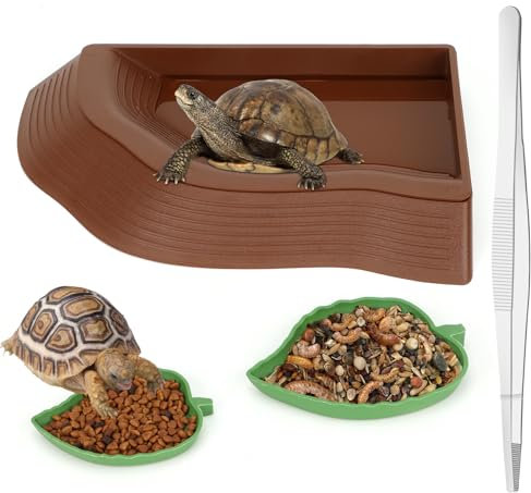 RANYPET 4 in 1 SchildkröTen Wasserschale Set, SchildkröTen Terrarium Zubehör mit 2 Blattförmige Futterschale für Reptilien, Wasserschale mit Rampe und Metallpinzette,Terrarium zubehör