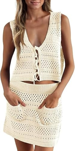 Saodimallsu Costume da bagno da donna, set bikini cover up 2 pezzi, costume intero, top corto senza maniche, gonna in maglia, vestito a crochet da spiaggia, moda mare, vestito da spiaggia lavorato a