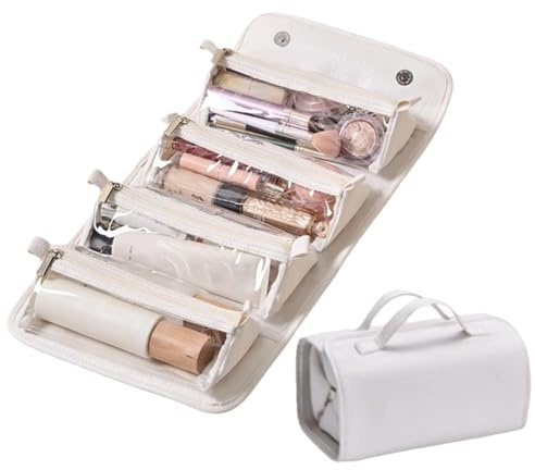 Trousse Maquillage, Trousse Toilette Femme, Imperméable Cuir Détachable, Suspendue Transparente Pliable Plusieurs Compartiments, Trousse Rangement Maquillage Enroulable