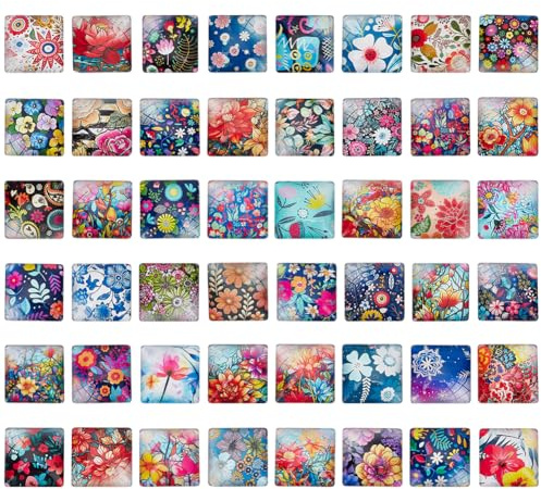 PH PandaHall 48 Styles Blume Glas Cabochons 25mm Quadratische Mosaik Cabochons Blumenmuster Cabochons Vintage Mosaik Kacheln für DIY Kunsthandwerk Schmuck machen Halskette