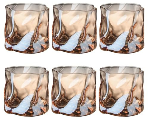 LOITTAINUE Gläser Set 6 Teilig 200ml - Unregelmäßiges Kristall Whiskeygläser - Trinkgläser Eiskaffeegläser Cocktailgläser Longdrinkgläser Wasser Tee Kaffee Saft - Spülmaschinenfest (Braun)