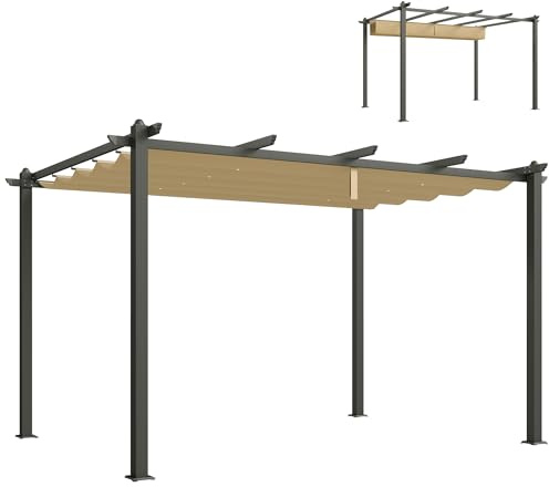 Outsunny 3 x 4m Pergola with Retractable Roof, Aluminium Frame Garden Gazebo Canopy Outdoor Sun Shade Shelter for Grill, Patio, Deck, Khaki