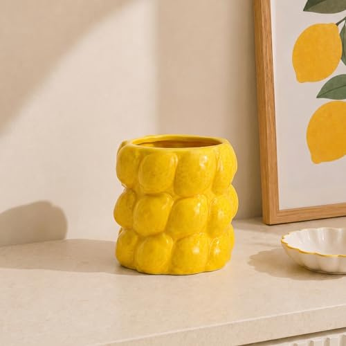 Blumenvase in Gelb mit Zitronen 3D Muster in Ø 13 x 13 cm - Moderne Keramik Vase als Frühlingsdeko