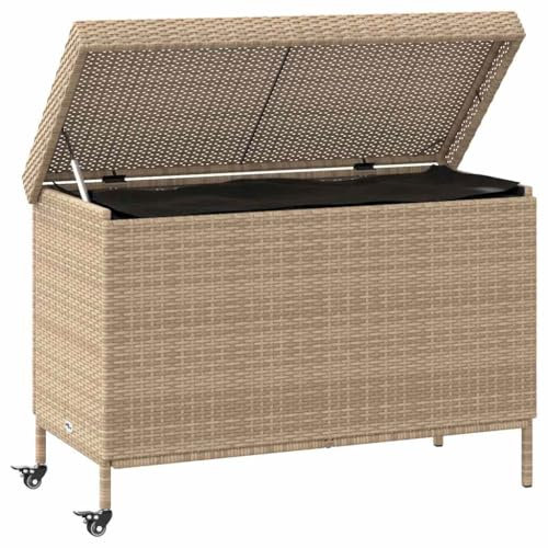 Gecheer Gartentruhe mit Rollen Aufbewahrung Gartenbox Auflagenbox Truhe Aufbewahrungsbox Kissenbox Gartenkasten UV-beständig Gasdruckfeder Wetterfest Beige 110x55x73 cm Poly Rattan