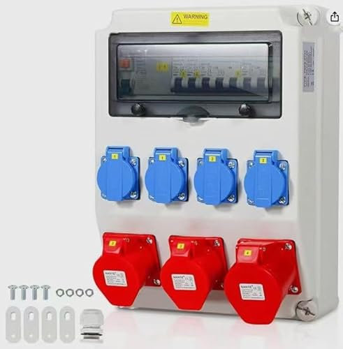 Distributore di corrente CEE 400V 32A, 4x230V 2x16A 1x32A, con interruttore automatico e protezione FI, prese Schuko e CEE, per interni/esterni