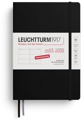 LEUCHTTURM1917 372627 Wochenkalender Medium (A5) 2026, 18 Monate 07.2025-12.2026, Hardcover, Schwarz, Deutsch