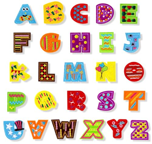 JSRQT Patch Buchstaben zum Aufbügeln, 26 Stück Bunte Niedliche Kleine Alphabet Aufnäher A-Z Stickapplikationen, Selbstklebende Buchstaben Sticker zum Aufbügeln für Kleidung, Hüte, Taschen, Jeans