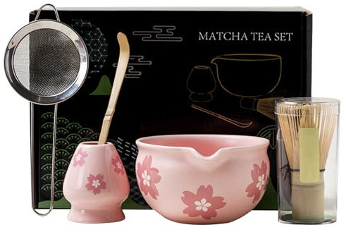 Set di 5 set da tè Matcha con frusta e ciotola, frusta in ceramica, per gli amanti del tè matcha (rosa)