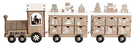 PE Weihnachts-Adventskalender aus Holz in Form eines Zuges mit 24 Schubladen für den Weihnachtscountdown als Tischdekoration (weiß und naturfarben)