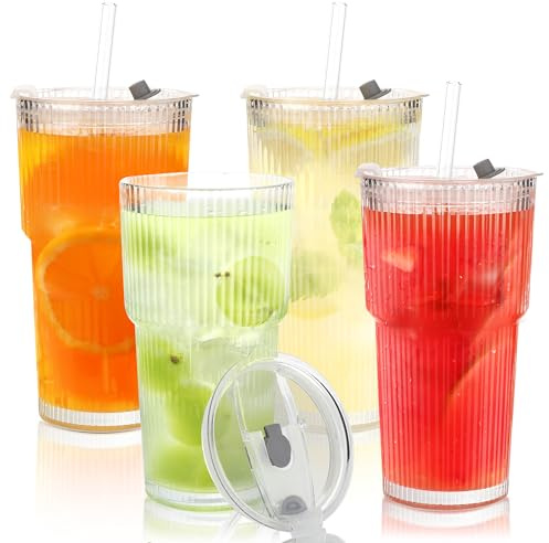Jawell 4PCS 550ML Ribbed Glass Tumblers, Glass Cups with Lids and Straws, Iced Coffee Cup, Clear Leakproof Tumbler Cup for Ice Coffee, Cocktail, Matcha, Smoothie, Juice, Cold Beverages