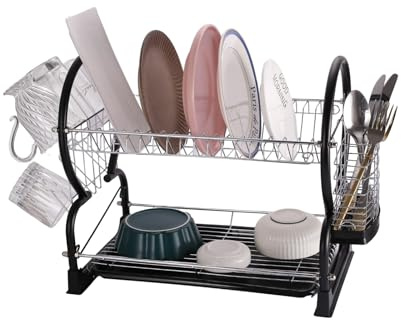 Royal Cuisine 2 Tier Dish Drainer Rack with Drip Tray Stainless Steel Dish drainer with Draining Board and Utensils Holder Dish Drying Rack for Small Kitchen Countertop (Black)