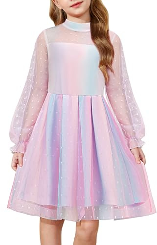 Arshiner Dresses Girls Pink Gradient Mesh Puff Long Sleeve Dress A-Line Party Kids Festive Elegant Autumn Dress Fashion Birthday Dresses Children's Clothing 8-9 Years