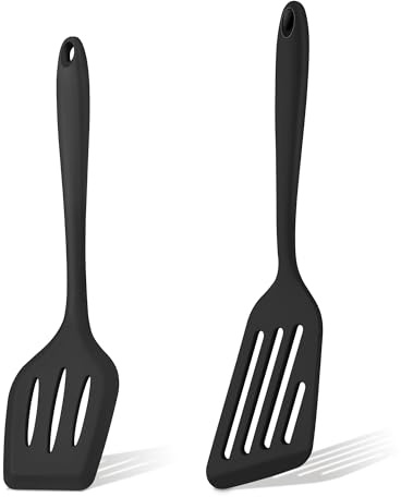 Herogo Silicone Spatula Pack of 2, Heat Resistant Turner for Cooking, Black | Slotted Kitchen Spatula for Frying Flipping Egg Fish Pancakes, for Non-Stick Cookware Pan, Scratch Resistant, Dishwasher Safe