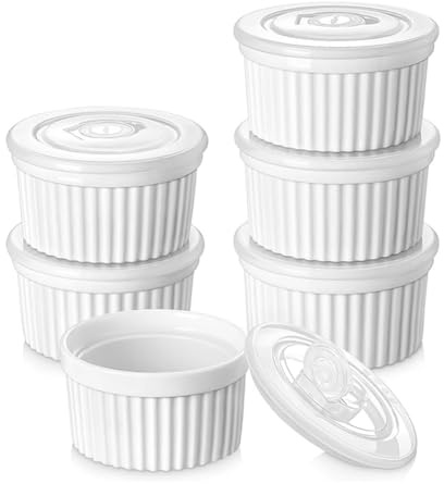Lot de 6 ramequins en porcelaine de 236,8 g - Récipients de cuisine avec couvercle - Tasse à pudding en porcelaine blanche (blanc)