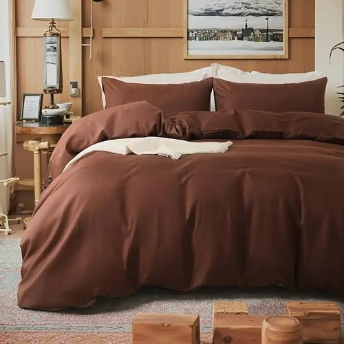 Générique Ensemble Parure De Lit 4 piéces Unie 100% Coton 57 Fils /cm2-1 Housse de Couette 220 x 240 cm+ 1 Drap Housse 140 x 190 cm Bonnet 30 cm + 2taies d'oreiller 65x 65 cm Premium Qualite (Marron)