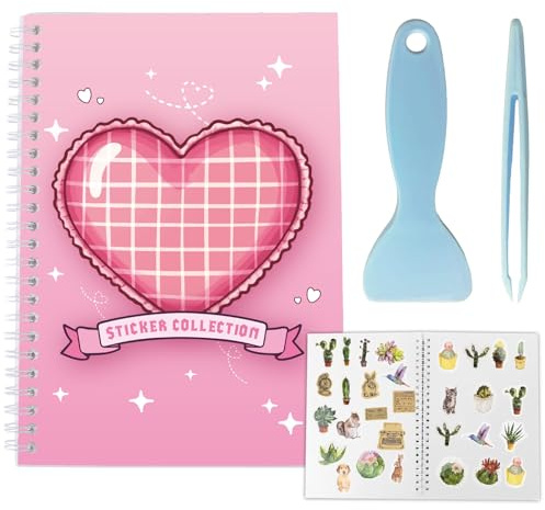 CRASPIRE 40 Sheets Reusable Sticker Storage Book Sticker Collecting Album Keeper A5 Release Paper Red Heart Cover Waterproof Labels Storage Organizer with Tweezers and Scraper for Labels