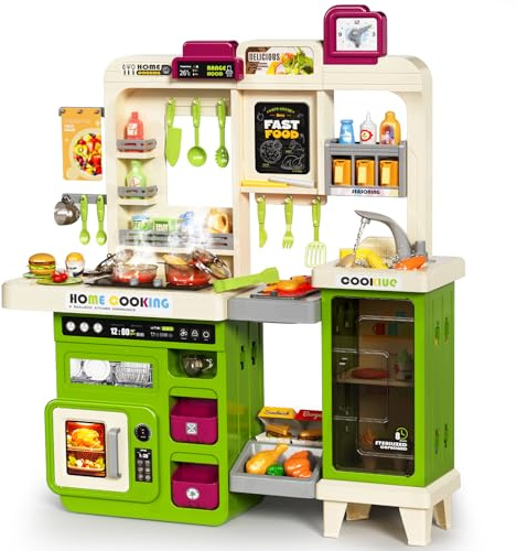 Pupu Pig Kids Kitchen Playset, Play Kitchen with Toy Stove, Grill, Sink, Play Food, ToyKitchen Accessories, Kitchen Interactive Play with Lights Sound Steam, Cooking Toys for Toddler Kid Gifts
