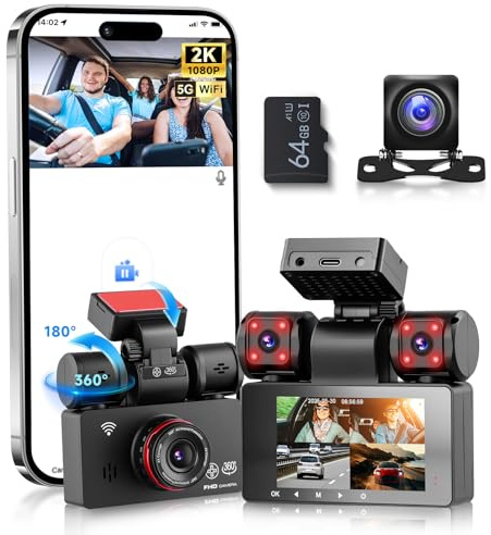 VECHTEL 2K Dashcam per auto anteriore e posteriore con WiFi,4* Dash Cam 1080P Telecamera per auto con schermo IPS da 3 pollici, visione notturna,sensore G,protezione a 360 gradi,con scheda SD da 64 GB
