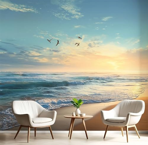 Fotomurales 450×315cm Amanecer Gaviotas Playa Papel Pintado Tejido No Tejido Vista Al Mar Fotomural Efecto 3D Azul Profundo Papel Tapiz XXL Murales Póster para Dormitorio Salón TV Pared