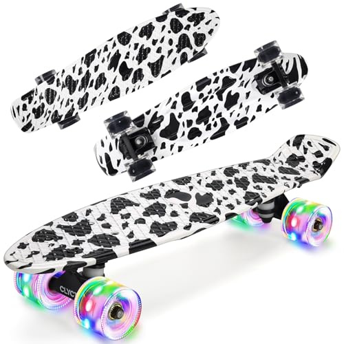 CLYCTIP Skateboard,22 inch Complete Mini Cruiser Board with Colorful Flashing Wheels and ABEC-11 Bearings for Kids,Boys,Girls,Beginners (White-BD)