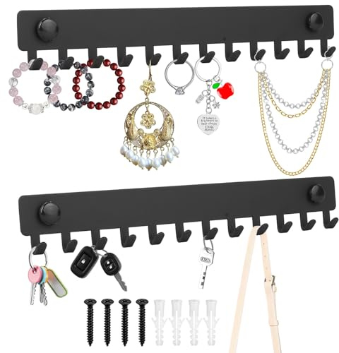 ANBEEISS 2-Pack Black Hanging Jewellery Organiser, Wall Mounted Necklace & Bracelet Holder with 12 Hooks Each, Metal Jewelry Storage Display for Rings Earrings Room Decor