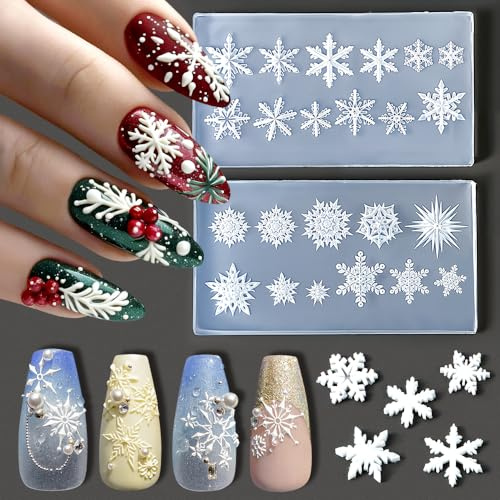 2 Stück Schneeflocken Silikonform Weihnachten Schneeflocke Silikon Formen Nailart Silikonformen Gießformen Weihnachten Nail Charms Nagelschablonen Nageldesign Zubehör 3D Gel Nail Art Silicone Mold