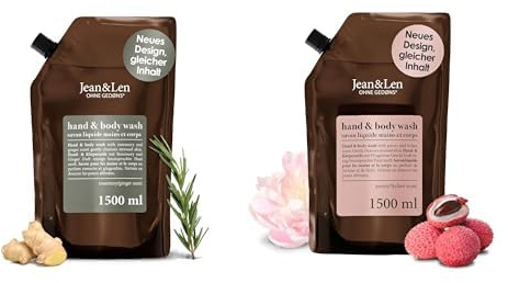 Jean & Len Hand & Body Wash Nachfüllbeutel Bundle 2 x 1,5L (3L) Flüssigseife vegan, ohne Silikone/Parabene/Mikroplastik, Duft: Rosmarin & Ingwer + Pfingstrose & Litschi