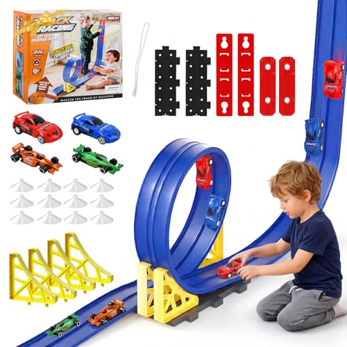 Ecofocet Pista Macchinine Flessibile 5 Metri, Pista a Doppia Corsia Portatile con 4 Auto in Lega Metallica, Rampe, Lanciatori e Ventose per Bambini 3-7 Anni+, Colore Blu