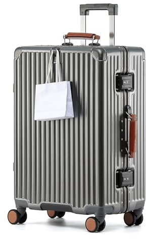 Aoliwei Aluminium-Rahmen Handgepäck S (58cm) – Premium Hartschalen-Koffer als Bordgepäck, mit braunem Echtleder-Griff, TSA & 360° Silent-Rollen, Grau