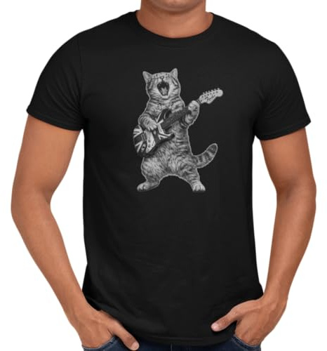 Getting Shirty Purrfect Rockstar Funny Cat Playing Electric Guitar Union Jack Britpop T Shirt Music Lover Graphic Tee Novelty Animal Band Style Shirt Gift (UK, Alpha, M, Regular, Regular, Black)