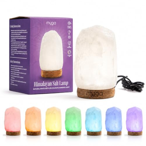 Myga USB Himalayan Salt Lamp – Hand-Carved Himalayan Salt Crystal Lamp with Wooden Base – Warm White or 7-Colour Changing LED Lamp for Home, Meditation & Yoga (7-Colour LED, White Himalayan Salt)