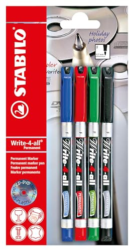 STABILO Write-4-all - Marqueur -Blister x 4 marqueurs toutes surfaces - encre permanente - pointe fine 0,7mm - noir, bleu, rouge, vert